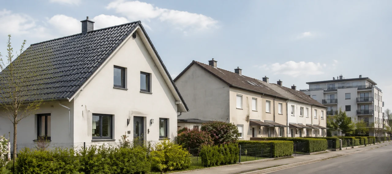 Österreichische Wohnstraße mit Einfamilienhaus, Reihenhaus und kleinem Wohnhaus