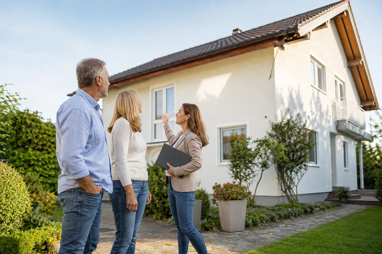 Eigentümerpaar bespricht mit einer Immobilienberaterin sein Einfamilienhaus