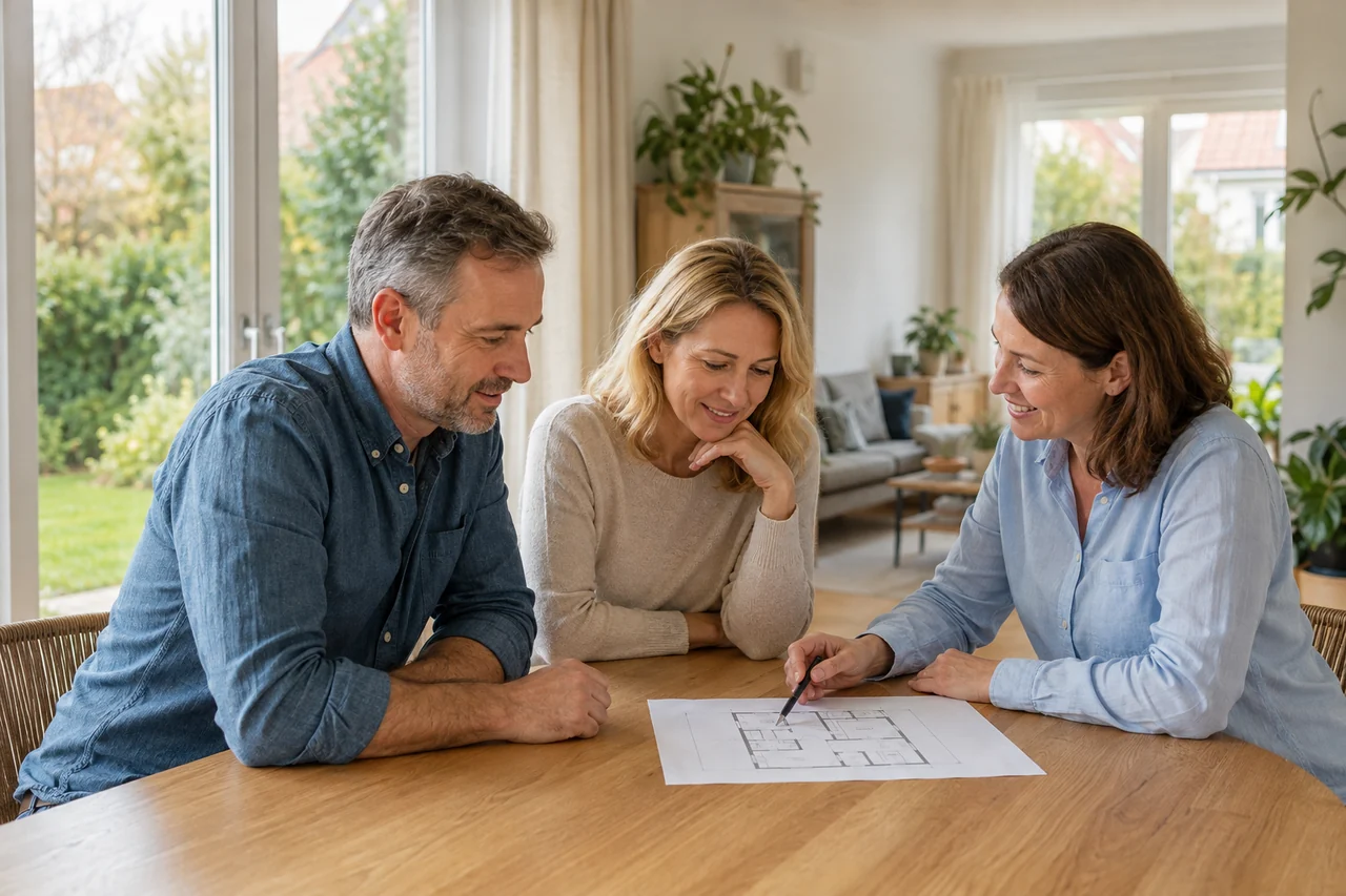 Paar bespricht mit einer Immobilienberaterin seinen Wunsch nach Wohneigentum